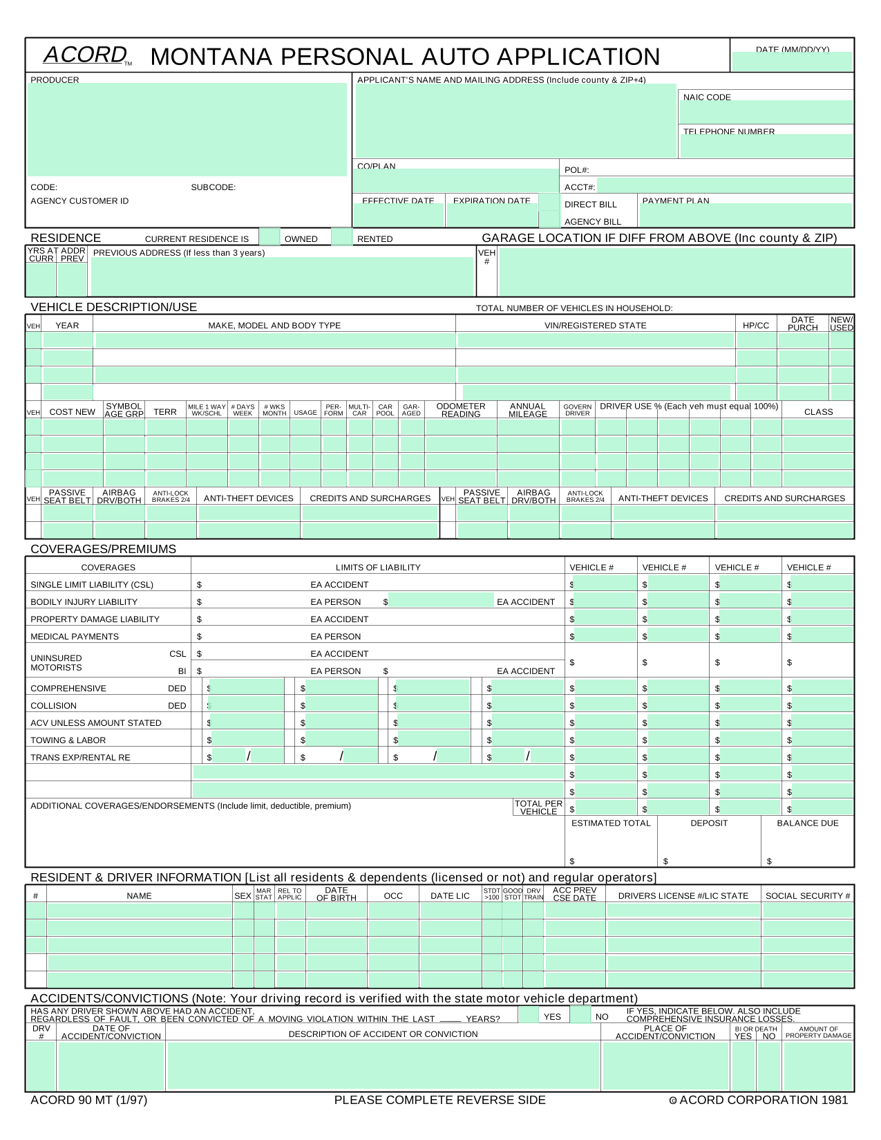 Montana Personal Auto Insurance Application (ACORD 90 MT) screenshot