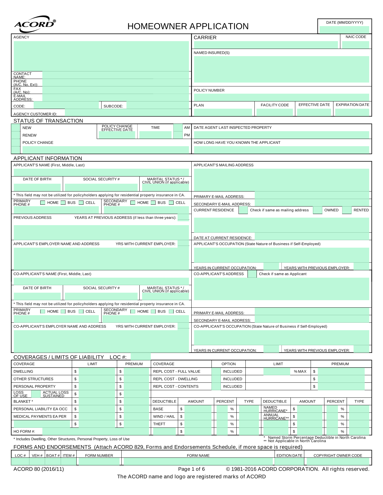 Insurance Application Form (Homeowners Policy) screenshot