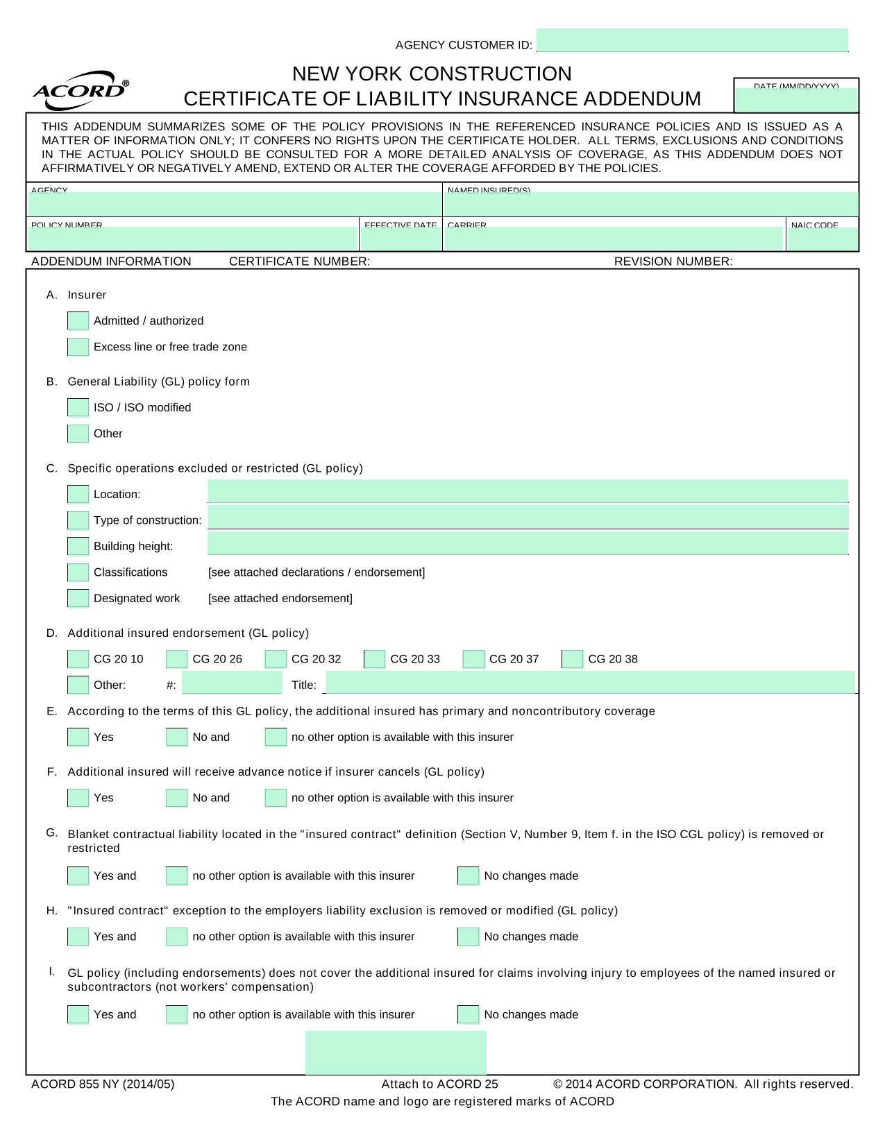 Certificate Of Liability Insurance Addendum (NY) screenshot
