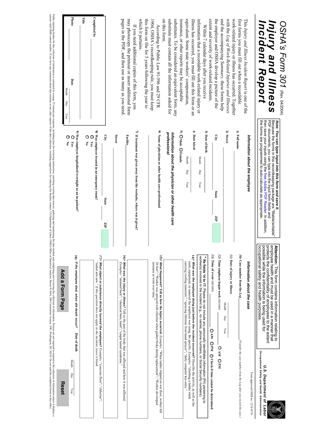 OSHA Injury And Illness Incident Report (Form 301) screenshot