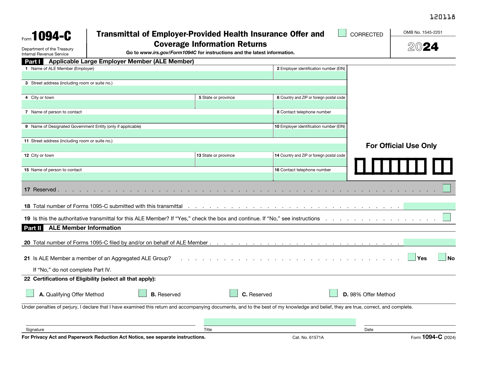 Employer Provided Health Insurance Offer  Coverage Information Returns (Form 1094 C) screenshot