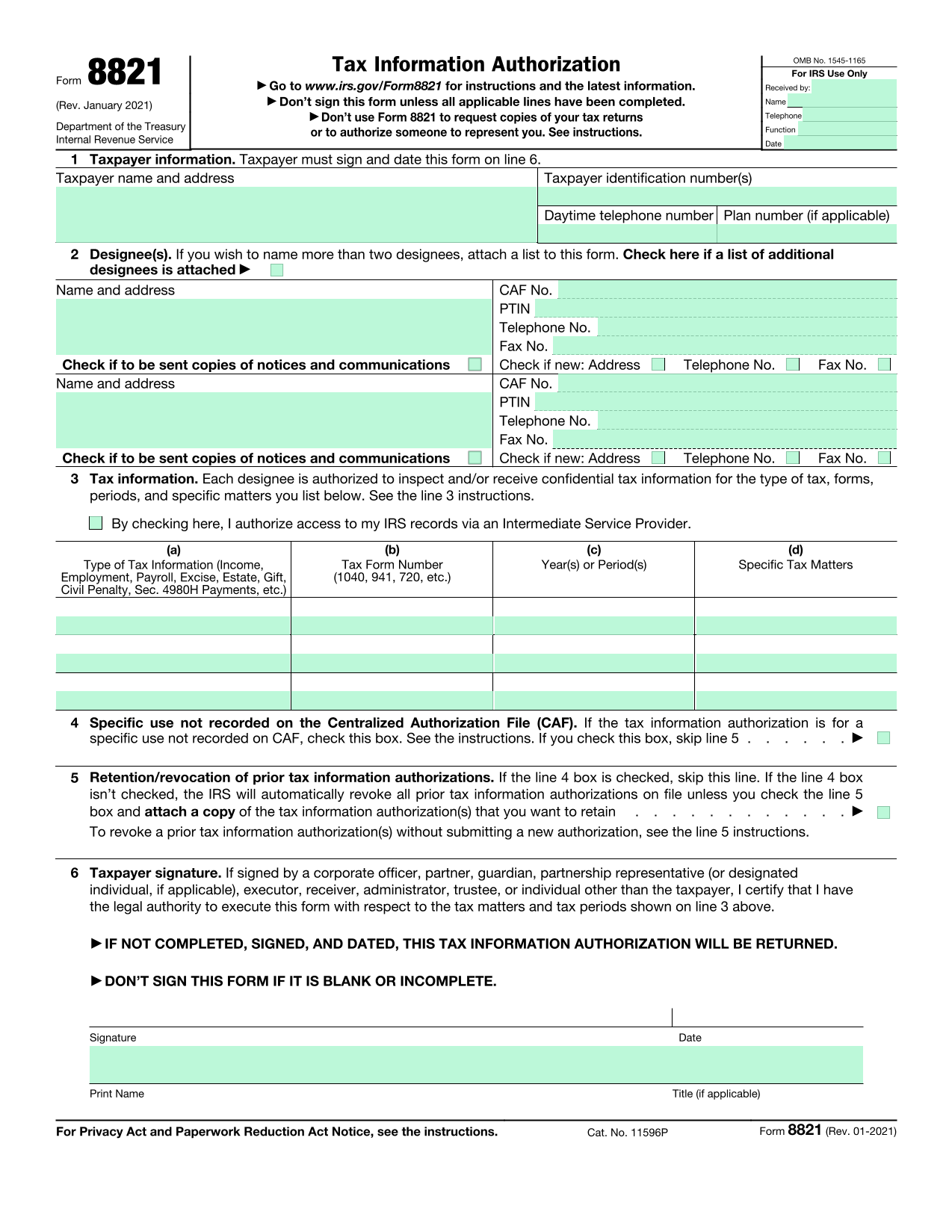 Tax Information Authorization (Form 8821) screenshot