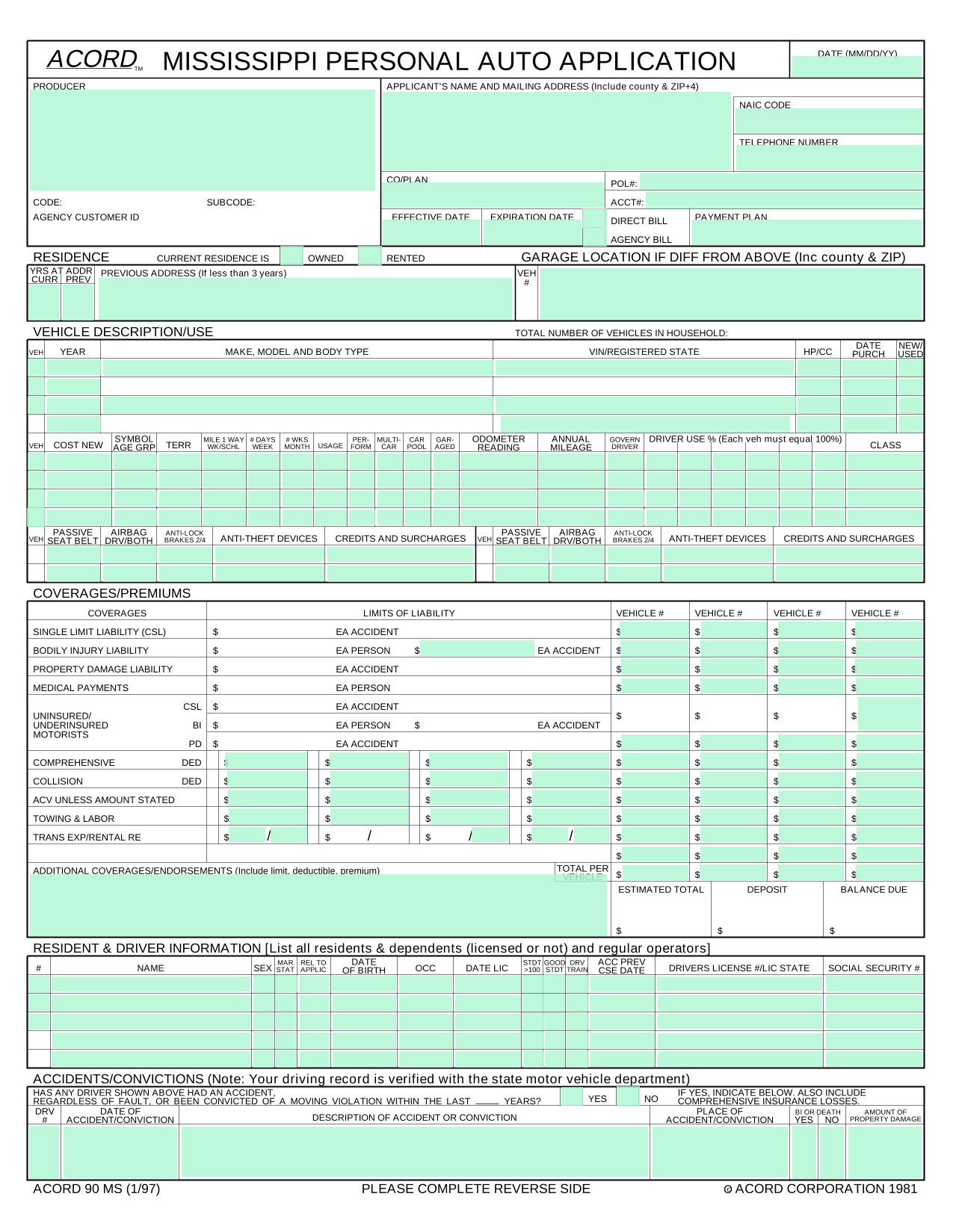 Mississippi Personal Auto Application (ACORD 90 MS) screenshot